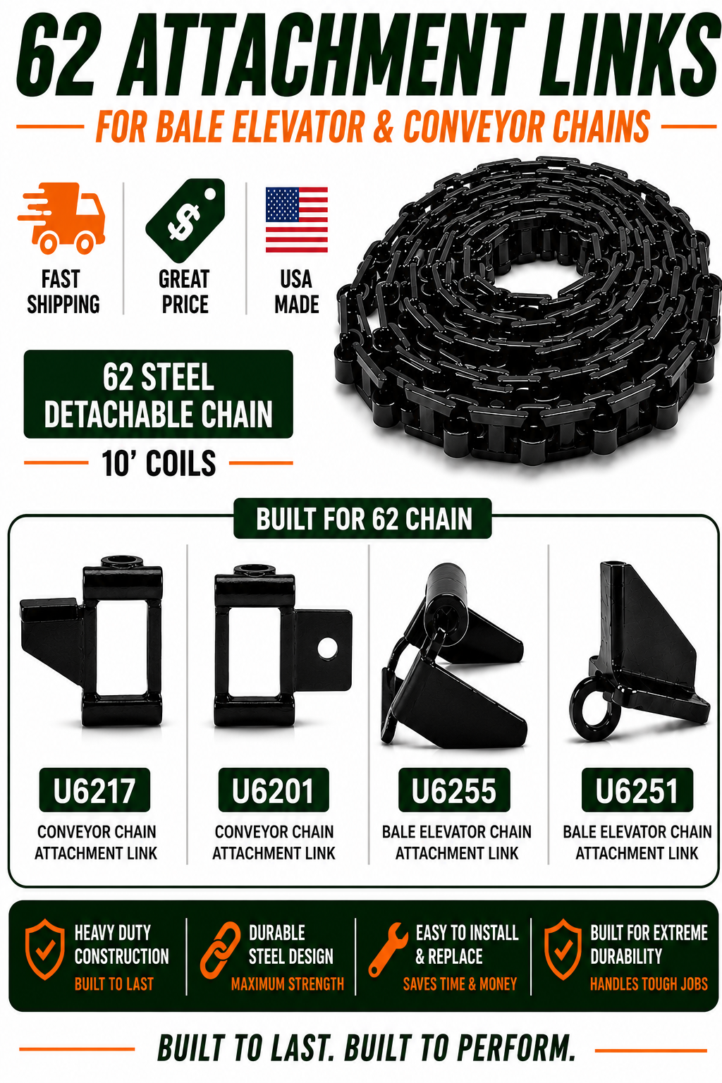 Advertisement for 62 attachment links for bale elevator and conveyor chains with product details and features.
