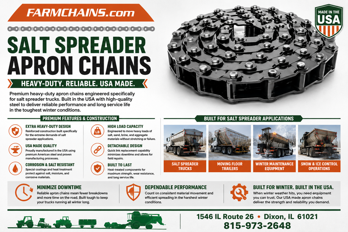 Salt and Sand Spreader Apron Chain - Heavy-Duty Conveyor Chain - USA Made