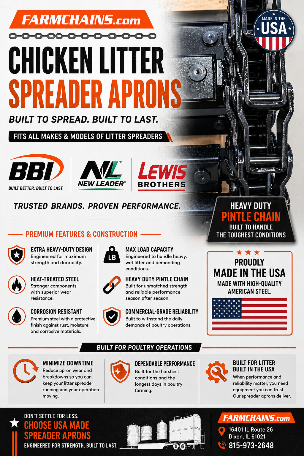 Chicken Litter Spreader Apron - USA Made Pintle Chain