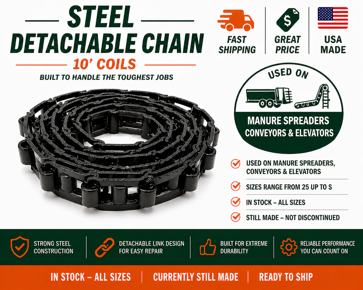 USA-made steel detachable chain 10-foot coils for planters, hay elevators, and manure spreaders - Farmchains.com