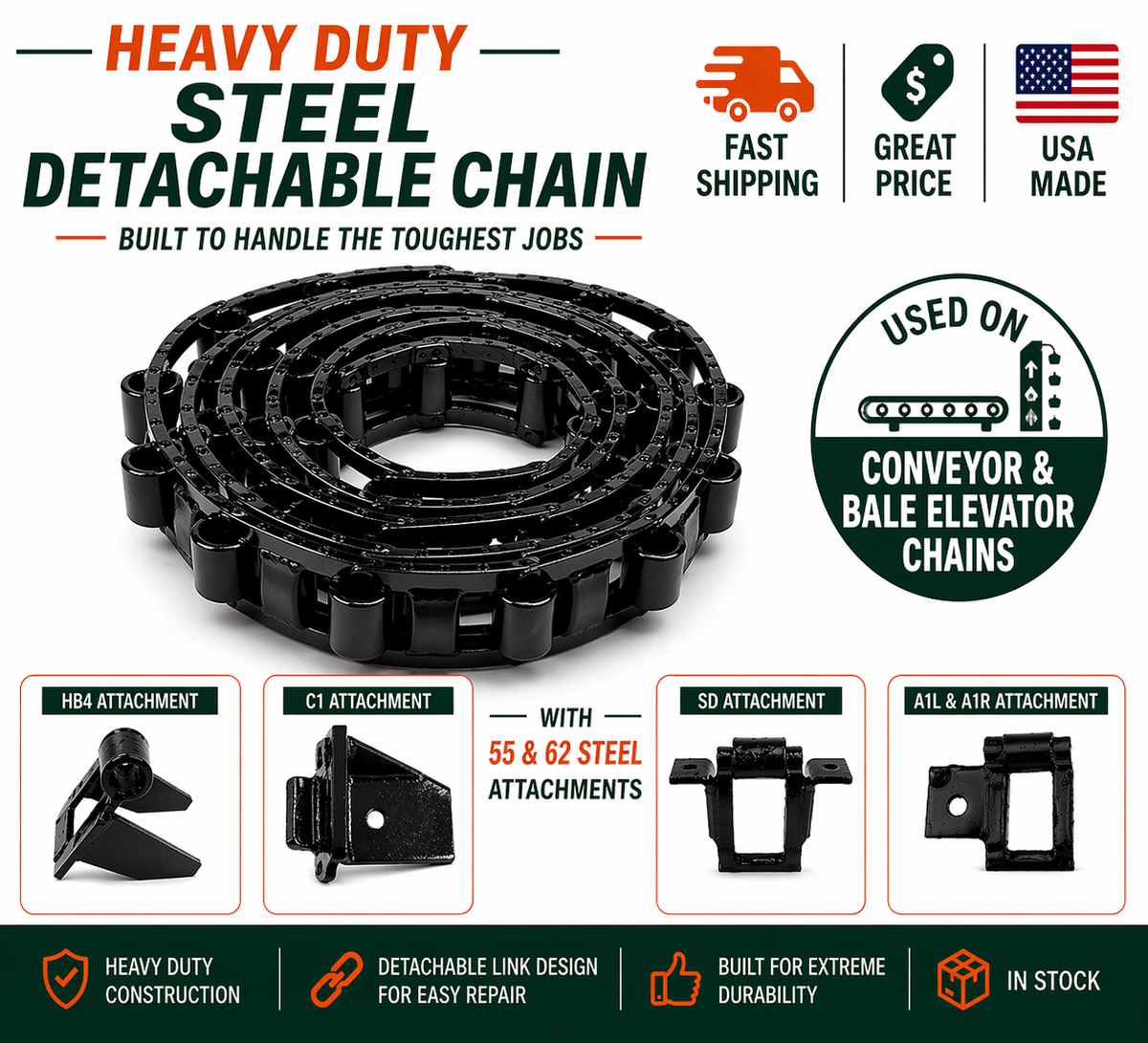USA-made steel detachable chain attachment links for agricultural equipment - Farmchains.com