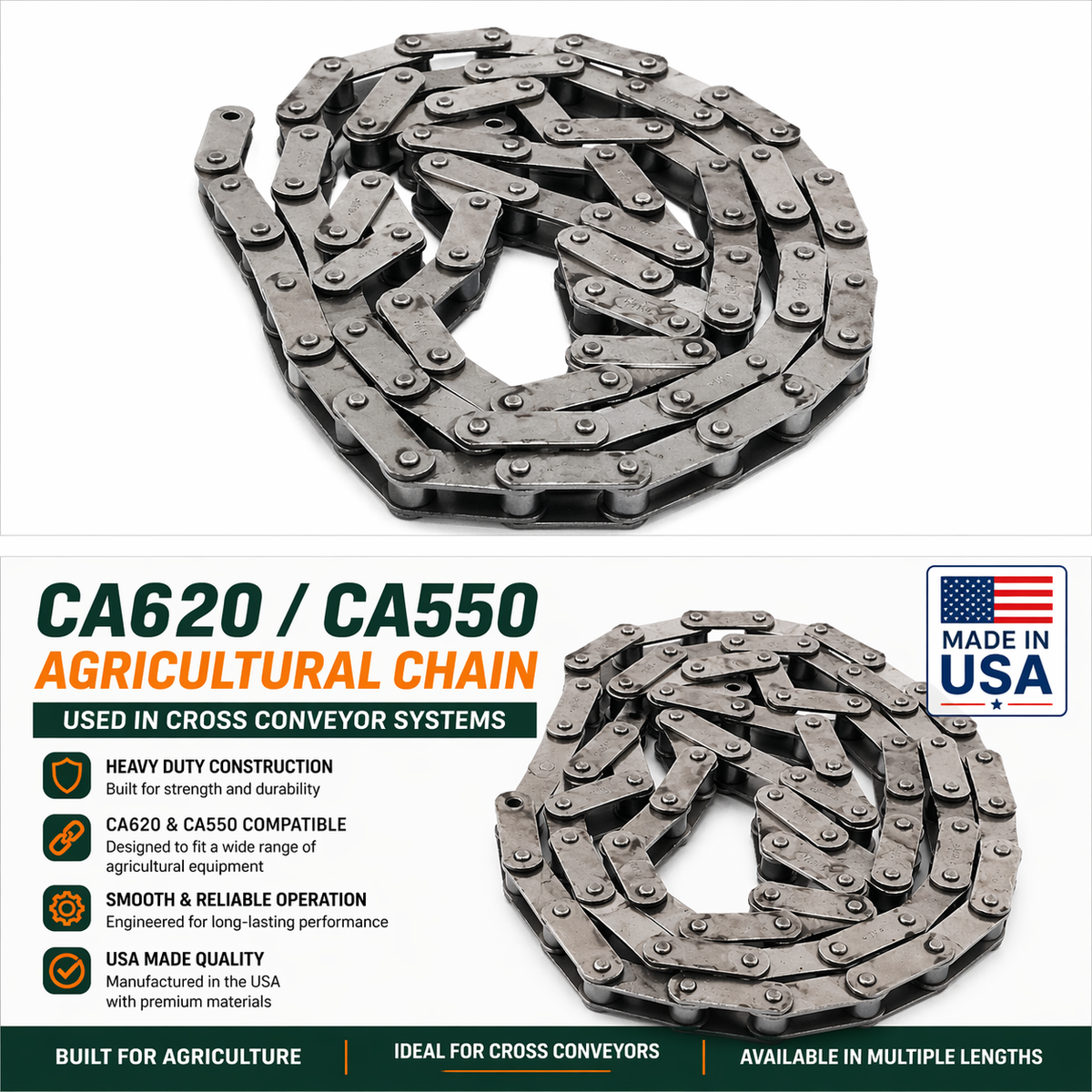 Agricultural chain with specifications and 'Made in USA' label 