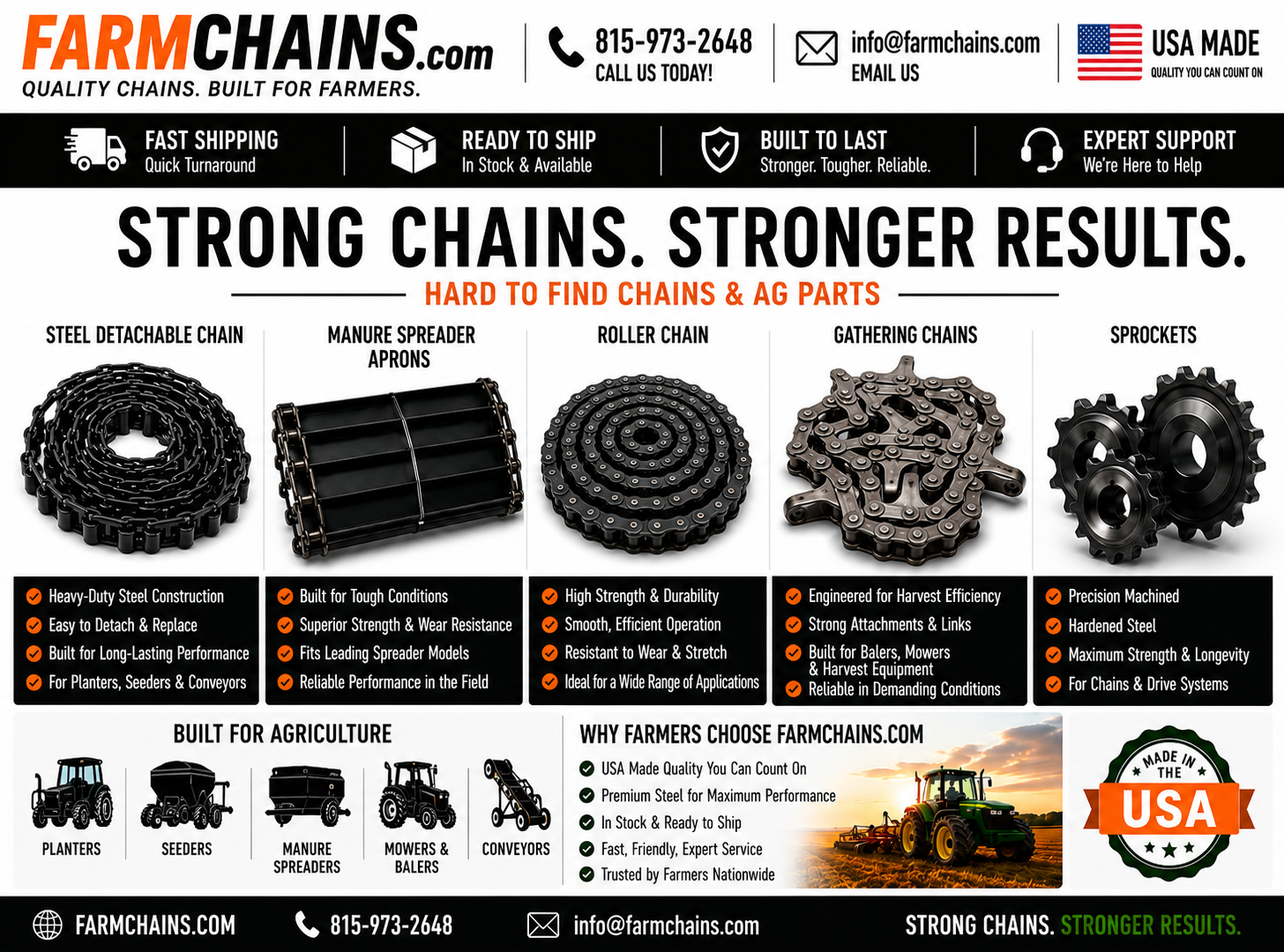 Advertisement for FarmChains featuring agricultural chains and parts with contact information and USA Made badge.