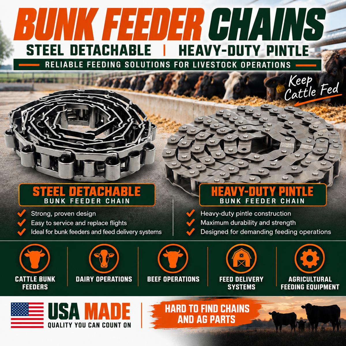 Bunk Feeder Chain - 667H Pintle Chain 10' Coil 7 Rubber Flights USA Made