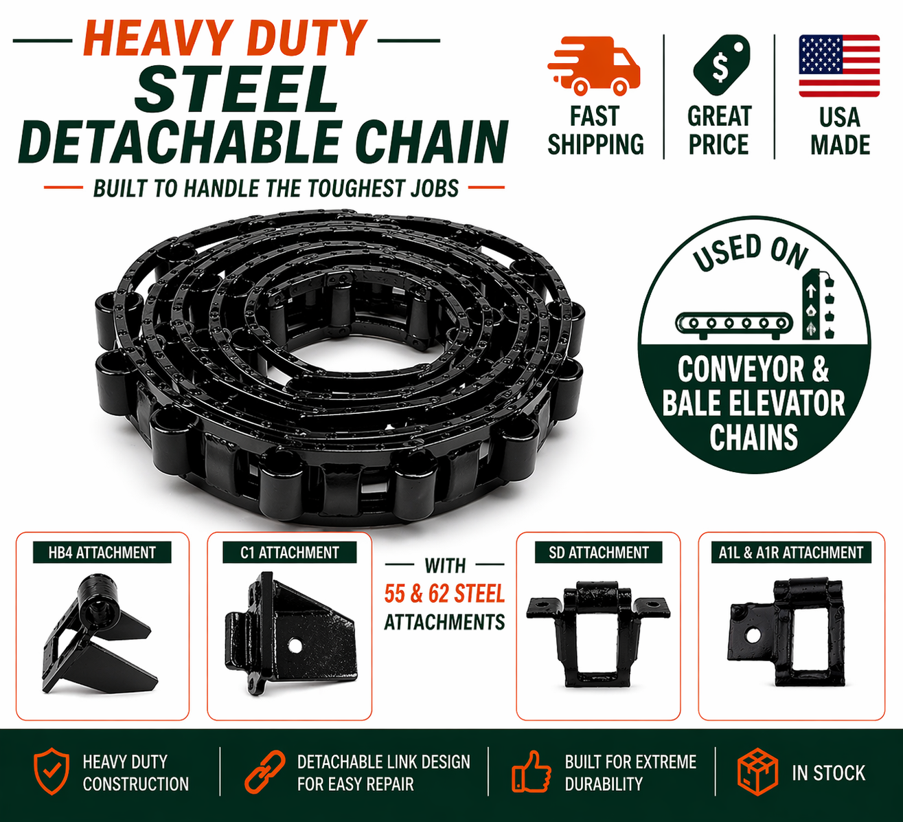 55 Steel Detachable Chain USA Made 10' Coil Bale Elevator Conveyor ...