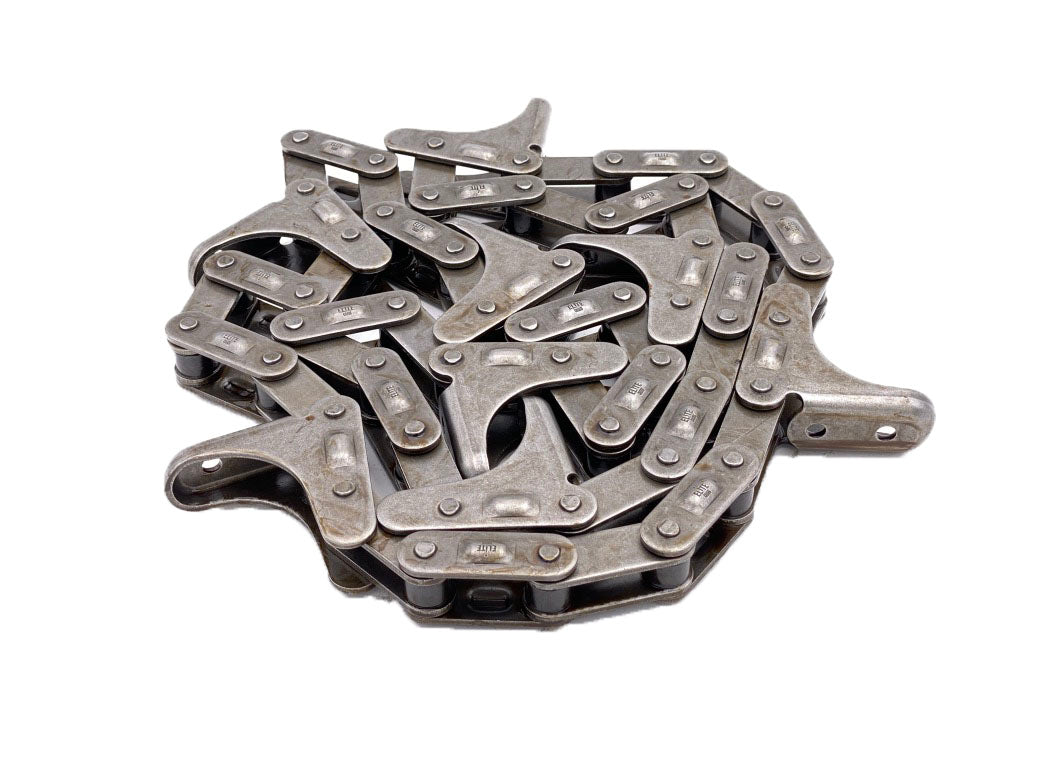 A close-up image of a John Deere gathering chain for corn heads, showing the chain links and attachments.